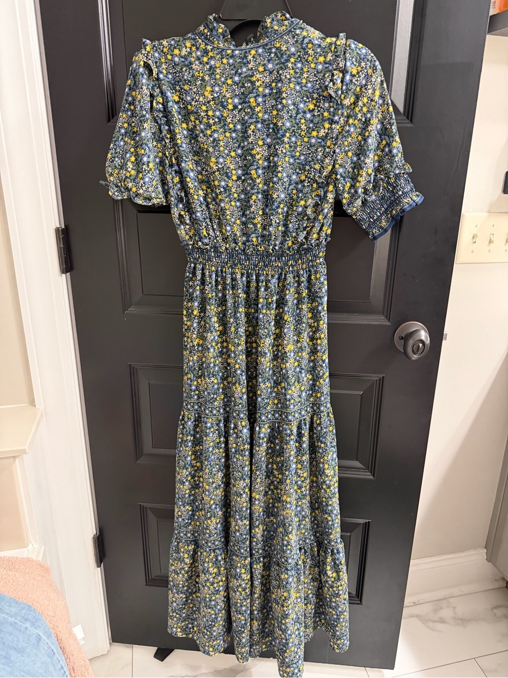 Max Studio Floral Smocked Midi Maxi Dress XS Blue Yellow Puff Sleeve - Picture 10 of 12